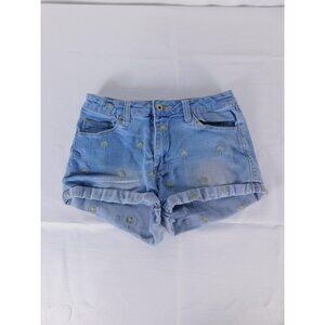 Rue21 Denim Hot Pants Shorts Juniors 3/4 Blue High Waist Palm Tree Embroidered
